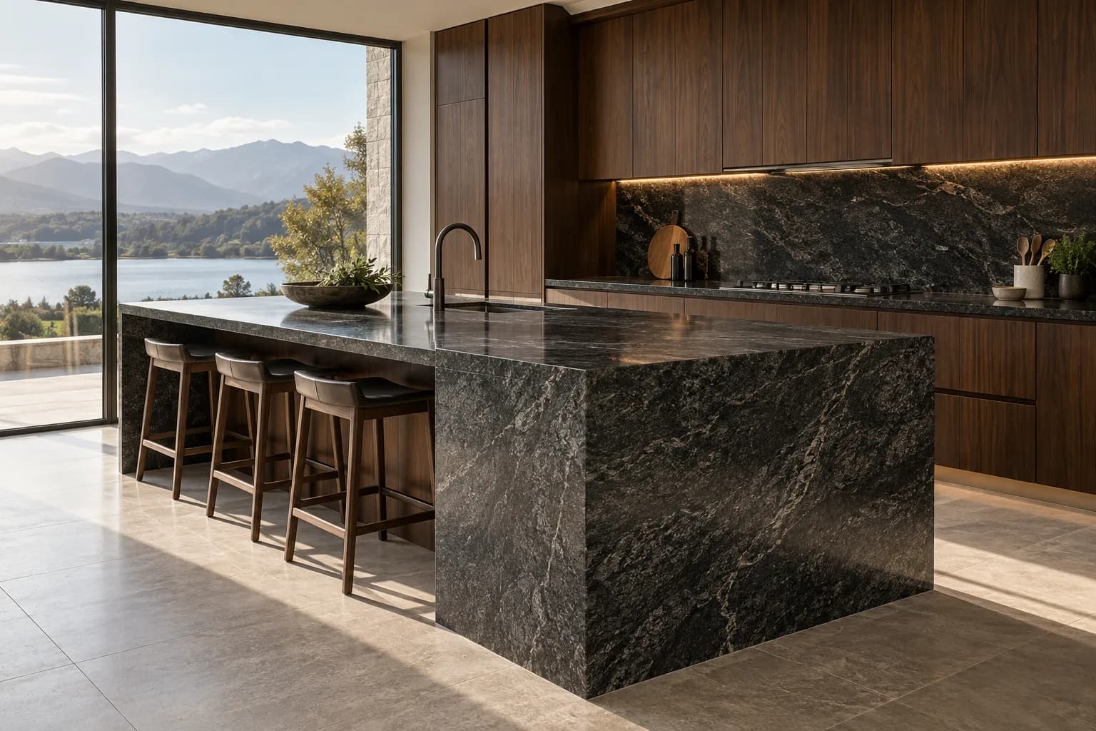 Cocina contemporánea con isla de granito oscuro