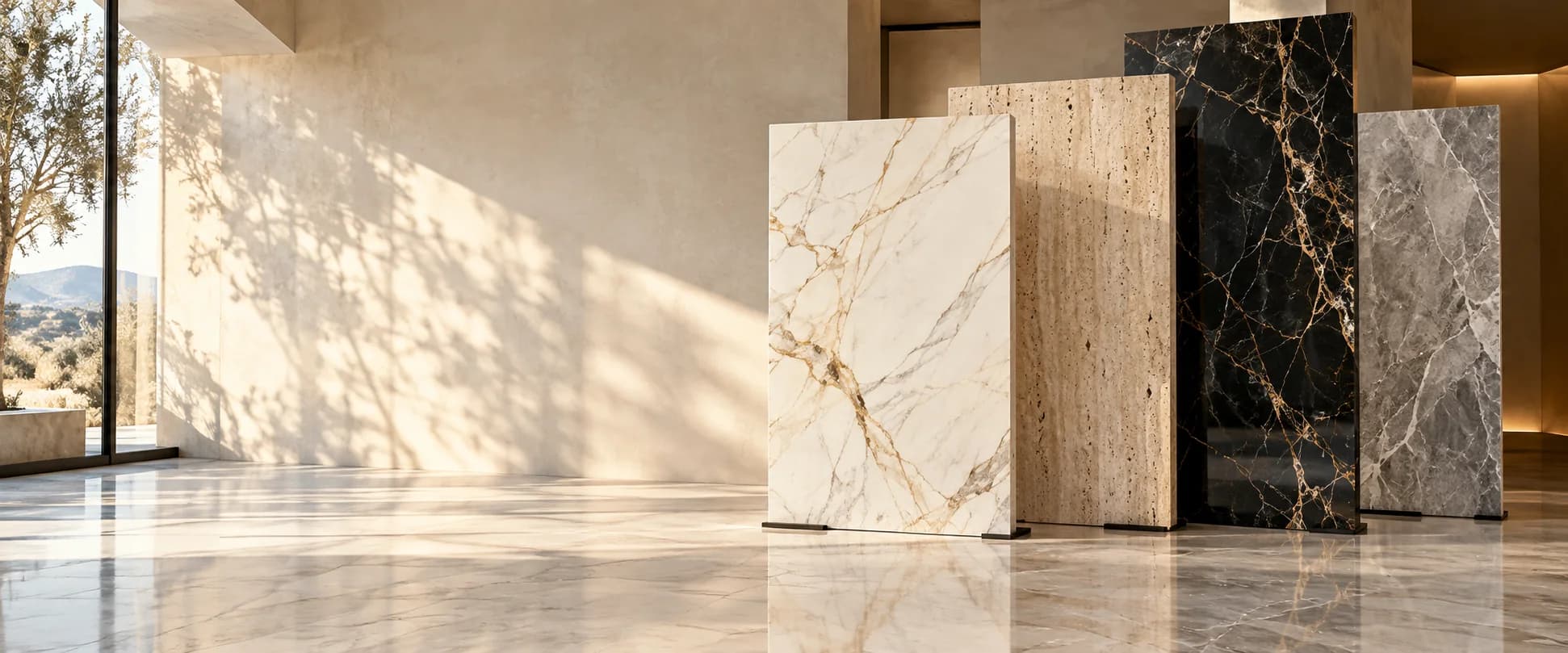Ambientación ilustrativa de PSM con placas de mármol, travertino y piedra gris en un showroom